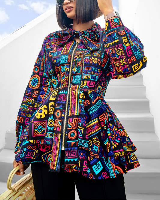 Women's Casual Print Zipper Long Sleeve Top