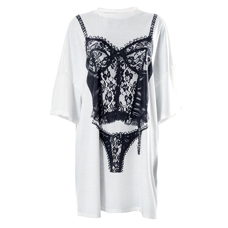 Summer New Lace Three-Dimensional Underwear Printed round Neck Loose Long Top