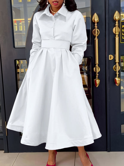 Large Swing Solid Color Lapel Long Sleeve A- line Skirt Dress