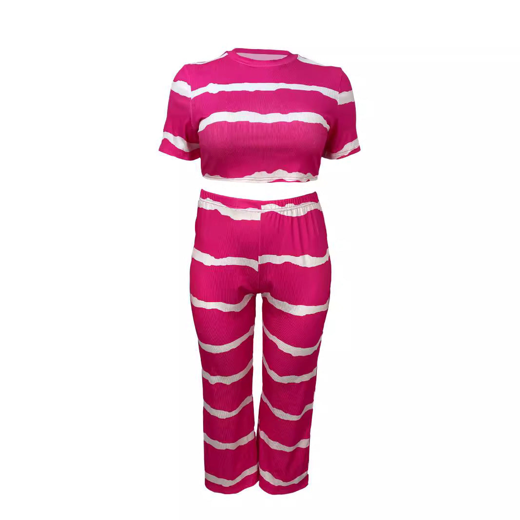 Hot Sale Striped Printing Suit Casual plus Size Two-Piece Suit