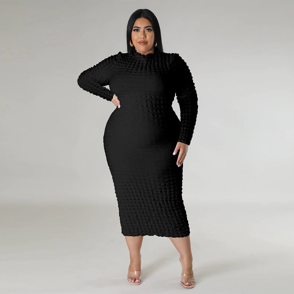 Autumn and Winter New plus Size Women's Clothing Pure Color Tight Bubble Long Sleeve Dress