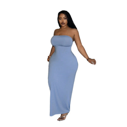 plus Size Women's Clothing Sleeveless Tube Top Dress Summer High Waist Figure Flattering Sheath Long Dress