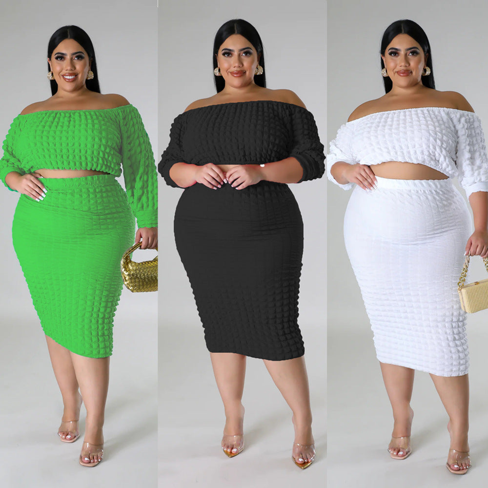 plus Size Women's Clothing Fall New Suit off-Neck Solid Color Bubble Two-Piece Set