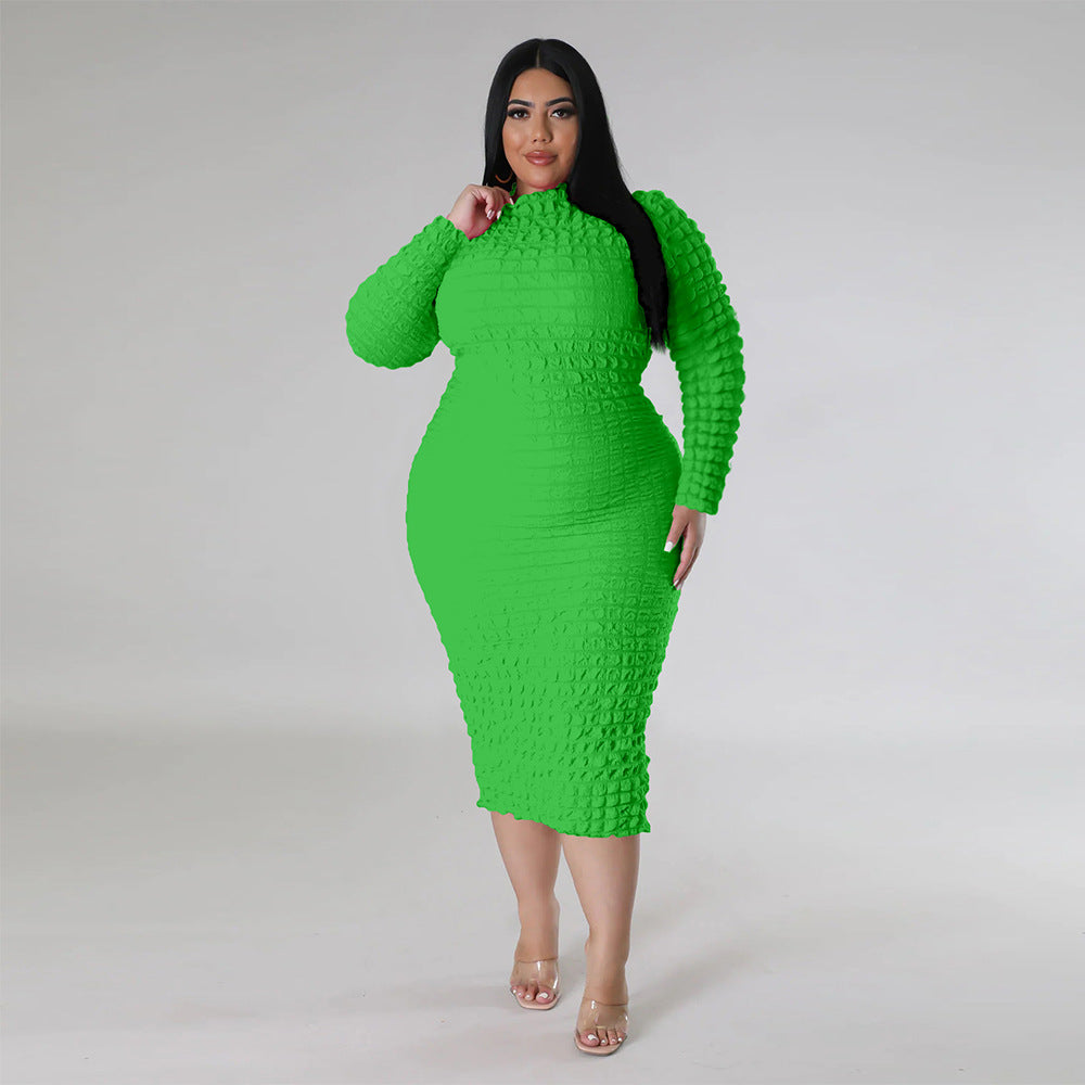 Autumn and Winter New plus Size Women's Clothing Pure Color Tight Bubble Long Sleeve Dress