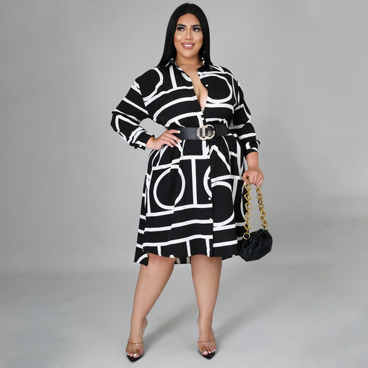 Printed Pleating Waist Shirt plus Size Dress Women