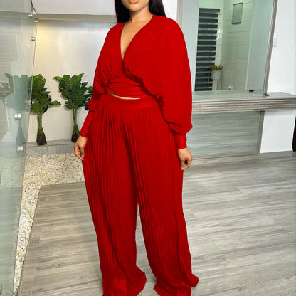 Summer Long Sleeve V-neck Batwing Sleeve Top Pleated Pleated Wide-Leg Trousers Beautiful Two-Piece Suit