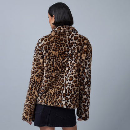 Lapel Warm-Keeping Cotton Clothing Leopard Print Coat Short Zipper Cardigan Lamb Wool Autumn and Winter