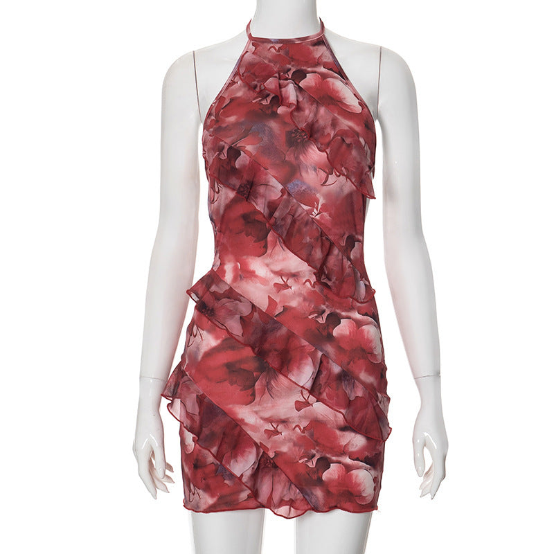 Summer New Color Printing Sleeveless Halter Rope Bare Back Sexy Dress