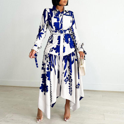 Women's Asian Style Temperament Printed Irregular Lapel Dress