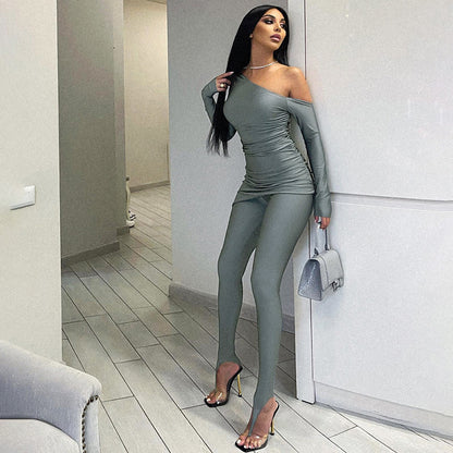 New Solid Color One-Shoulder Cold-Shoulder Long Sleeve Top Skinny Trousers Casual Suit