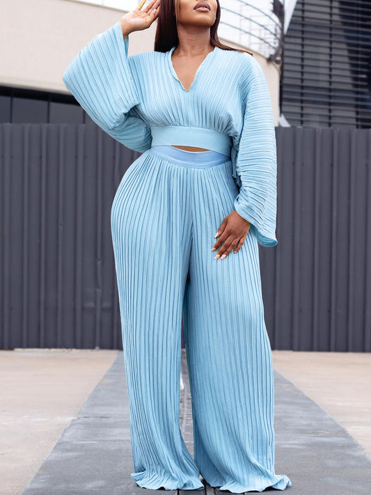 New Spring Loose Pleated V-neck Top Wide Leg Trousers Two-Piece Suit