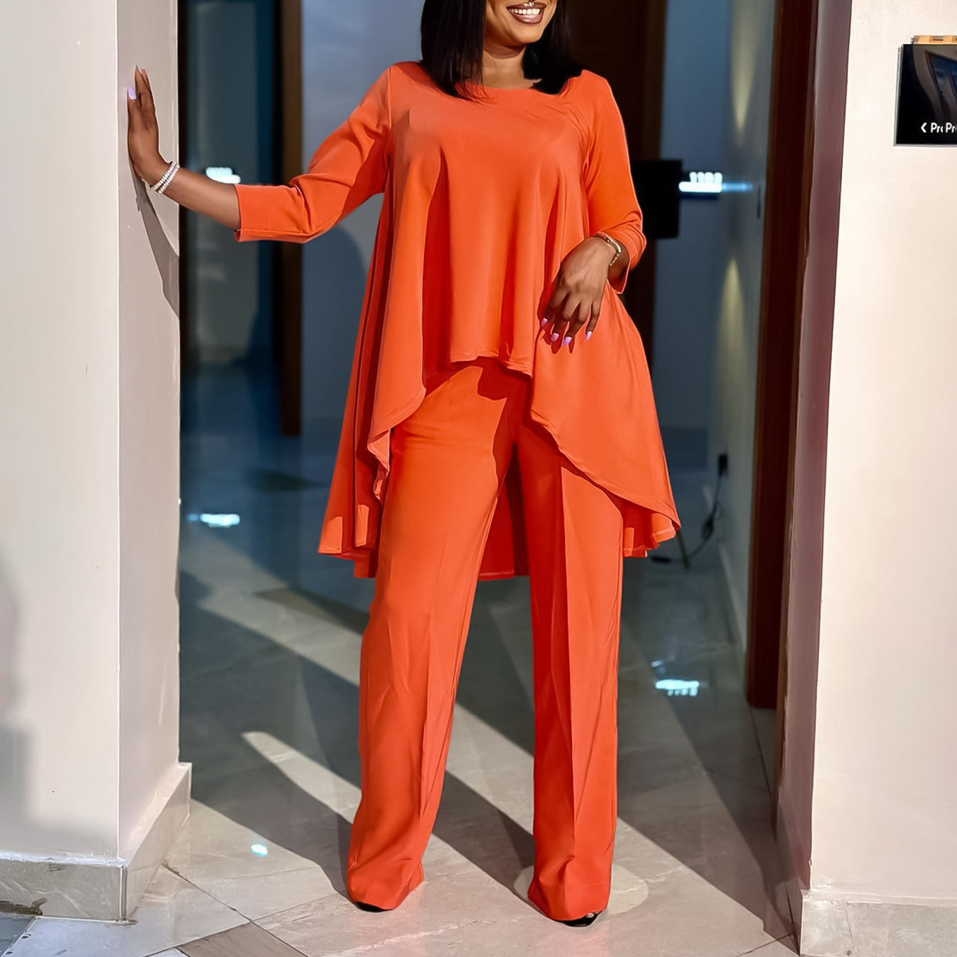 Fashion Temperament plus Size Long Sleeve Top Wide Leg Pants Suit