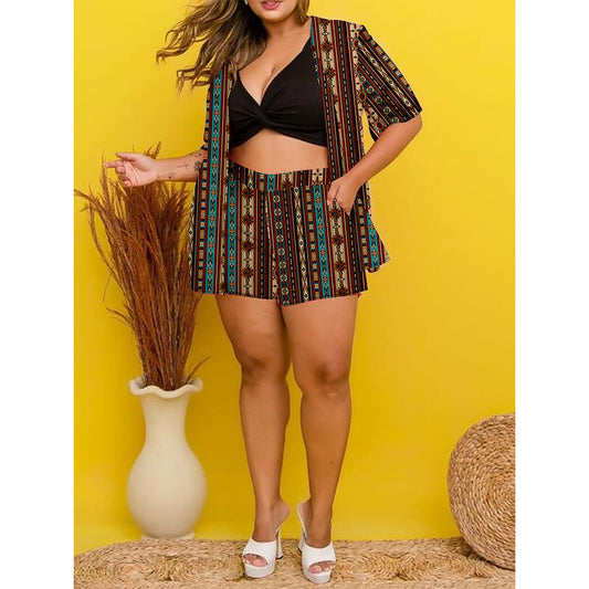 2024 plus Size Women's Summer New Ethnic Print Casual Short Sleeve Shorts Suit