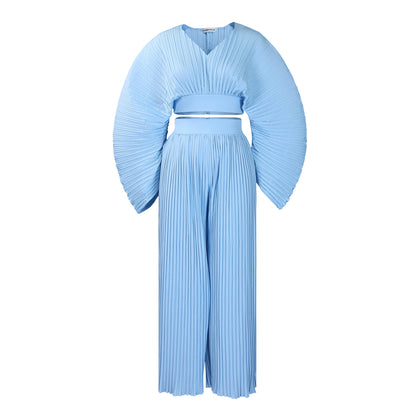 New Spring Loose Pleated V-neck Top Wide Leg Trousers Two-Piece Suit