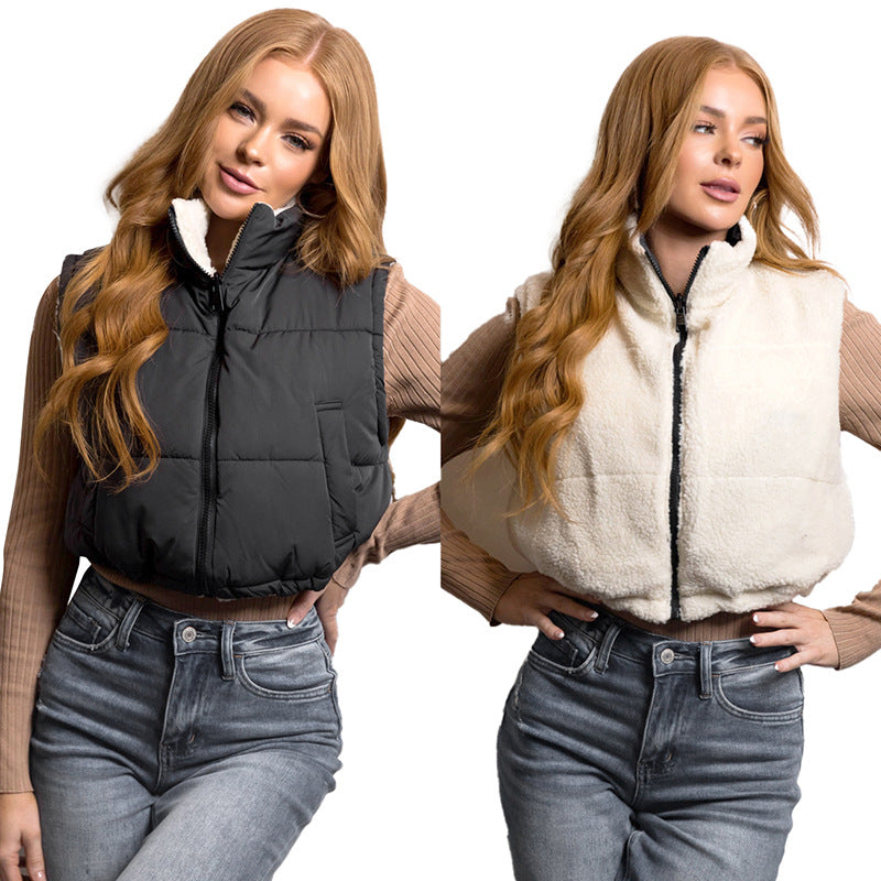 Autumn and Winter New Contrast Color Reverse Sleeveless Vest Casual Cotton-Padded Jacket