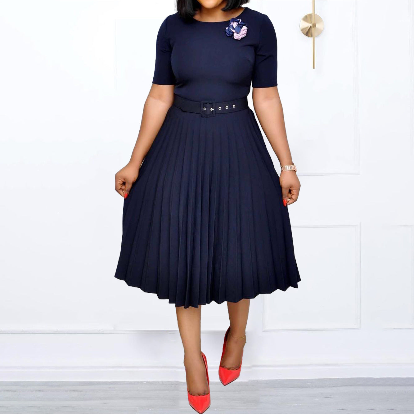 New Summer round Neck Mid-Length Pleated Skirt plus Size Dress