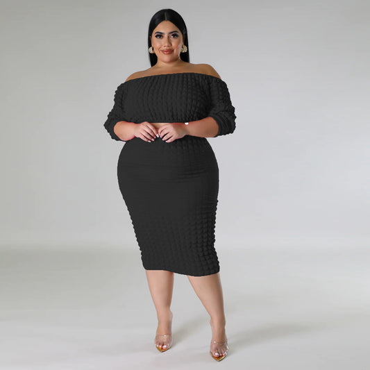 plus Size Women's Clothing Fall New Suit off-Neck Solid Color Bubble Two-Piece Set