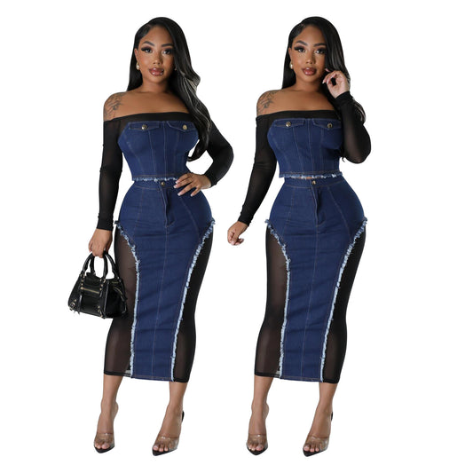 Fashion Mesh Denim Stitching See-through Tube Top Skirt Two-Piece Set