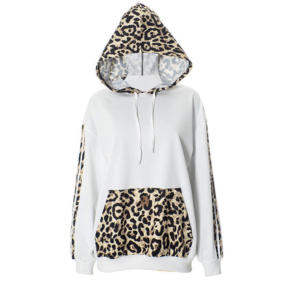 Leopard Splicing Drawstring Pocket Loose Casual Hooded Sweater