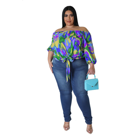 plus Size Women's Summer Casual Loose off Shoulder Printed Top