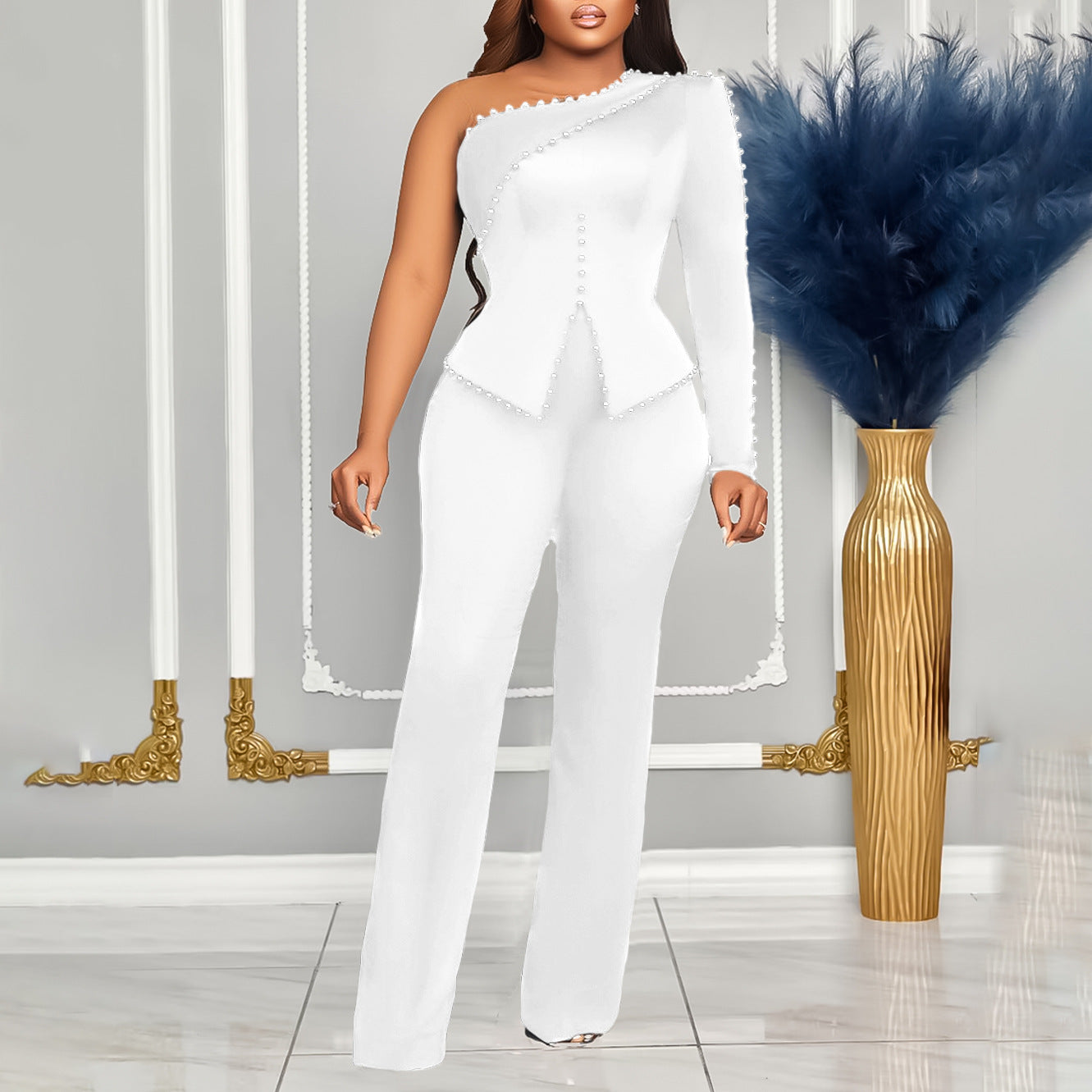 Spring New Two-Piece Set of Diagonal Shoulder Beaded plus Size Suit