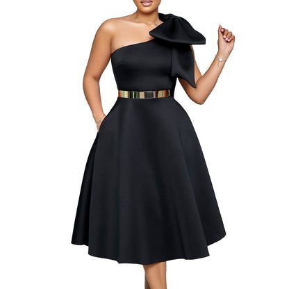 plus Size Women's Summer New Fashion Oblique Shoulder Bow Banquet Dress Large Swing Dress