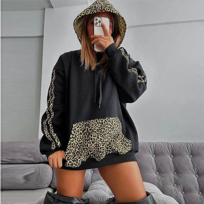 Leopard Splicing Drawstring Pocket Loose Casual Hooded Sweater