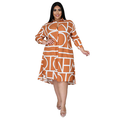 Printed Pleating Waist Shirt plus Size Dress Women