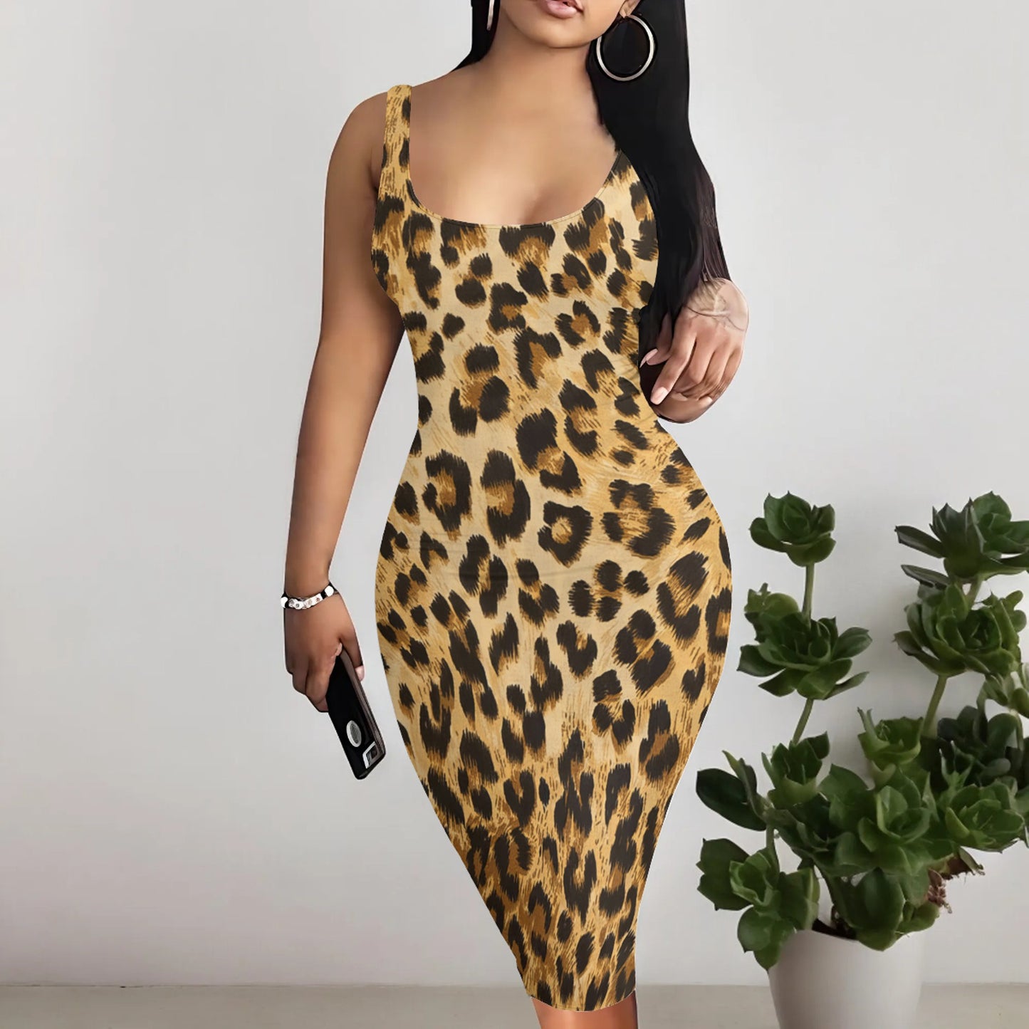 Dress U-Neck Sleeveless Leopard Print Tight Dress