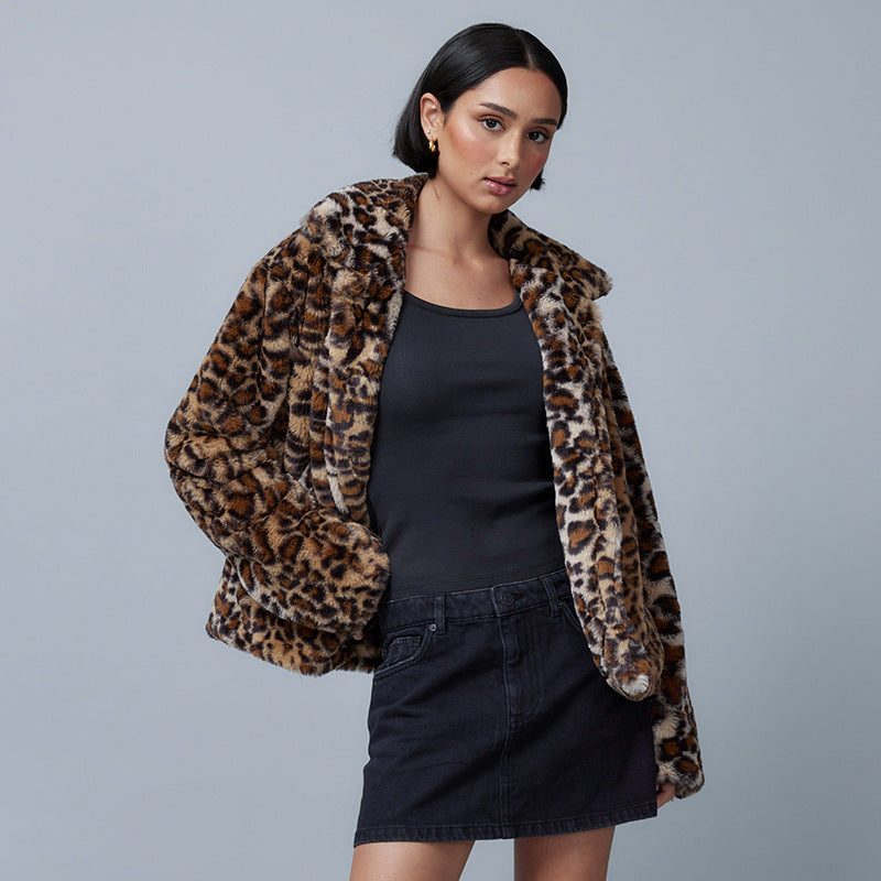 Lapel Warm-Keeping Cotton Clothing Leopard Print Coat Short Zipper Cardigan Lamb Wool Autumn and Winter