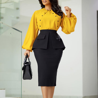 Fashionable Temperament Ol Long-Sleeved Top Hip Skirt Two-Piece Set