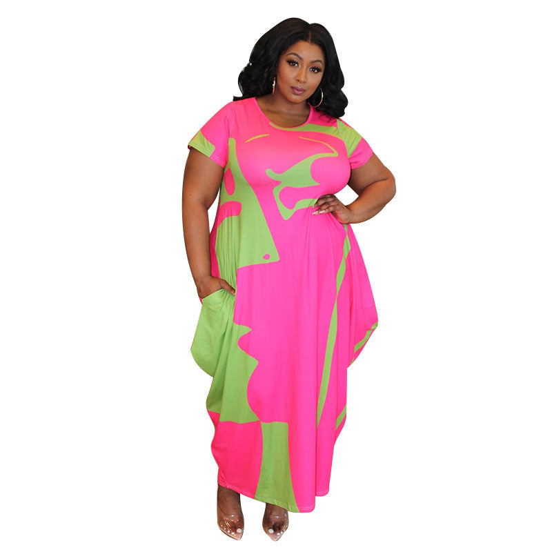 Popular plus Size Printing round-Neck Long Creative Dress