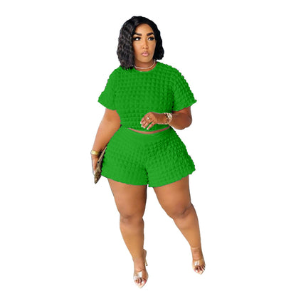 plus Size Women's Clothing Loose Two-Piece Suit Summer New Solid Color Casual Bubble Suit