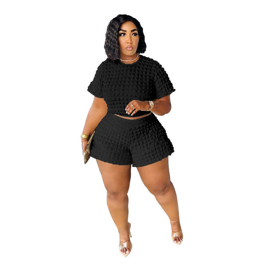 plus Size Women's Clothing Loose Two-Piece Suit Summer New Solid Color Casual Bubble Suit