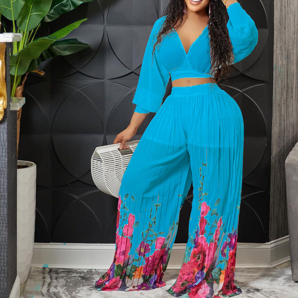 New Women's V-neck Batwing Sleeve Chiffon Top Pleated Wide-Leg Pants Two-Piece Set