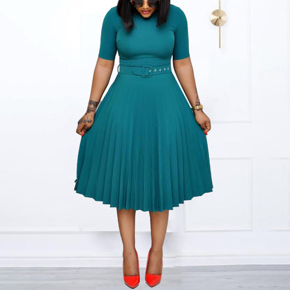 New Summer round Neck Mid-Length Pleated Skirt plus Size Dress