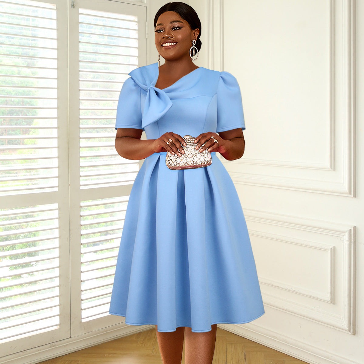 Plus Size Diagonal Collar Bow Dress