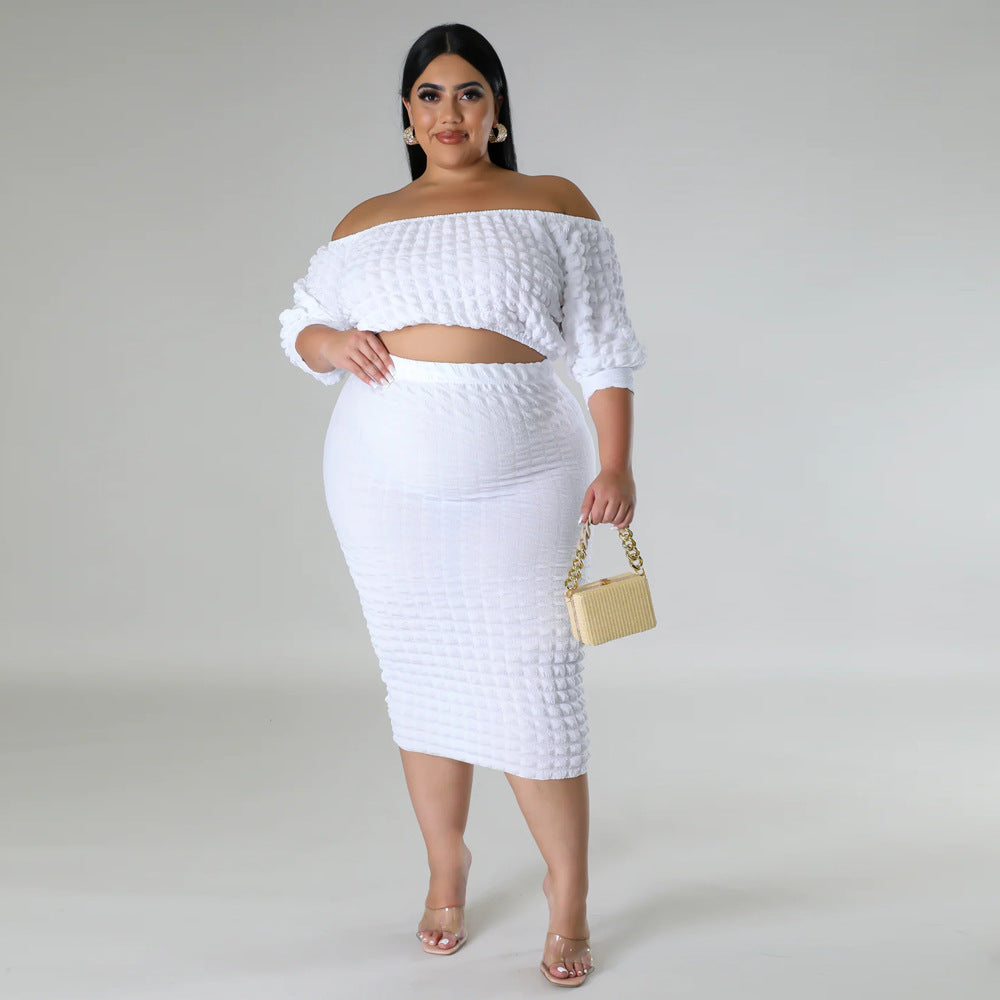 plus Size Women's Clothing Fall New Suit off-Neck Solid Color Bubble Two-Piece Set