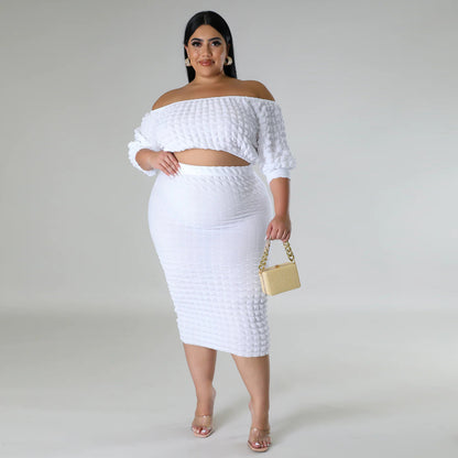 plus Size Women's Clothing Fall New Suit off-Neck Solid Color Bubble Two-Piece Set