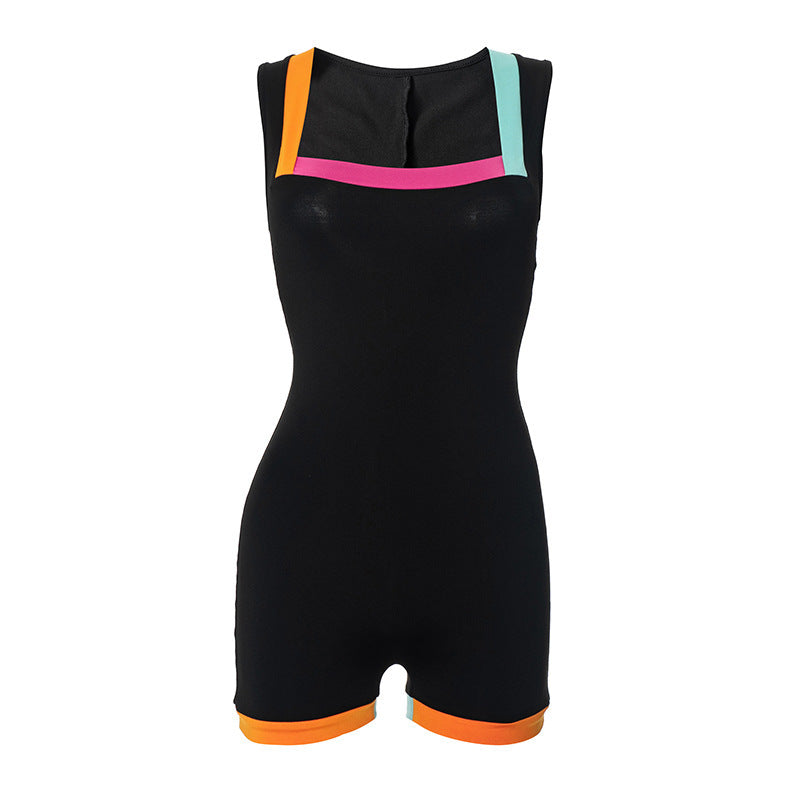 Summer New Fashion Color Contrast Stitching Square Collar Sleeveless Casual Sports One-Piece Shorts