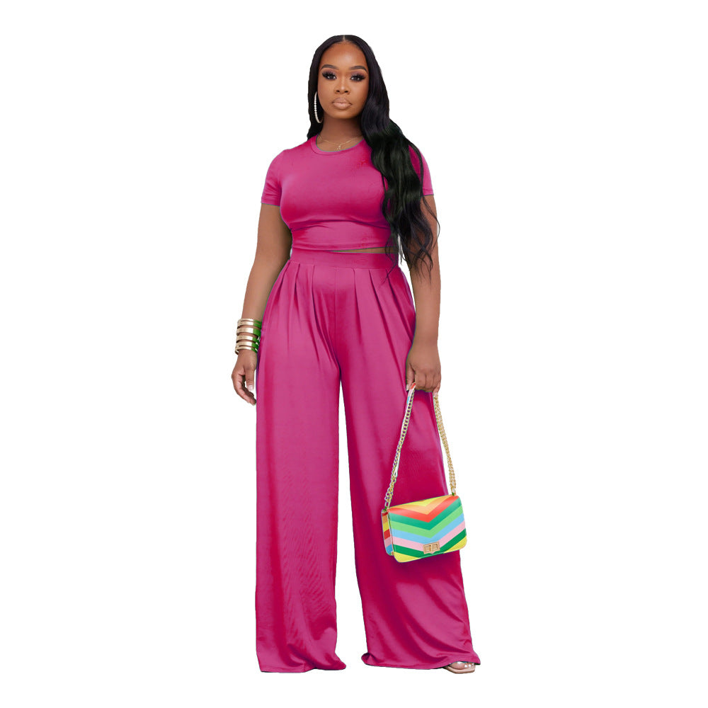 plus Size Women's Wide Leg Two-Piece Set Summer Solid Color Casual Suit