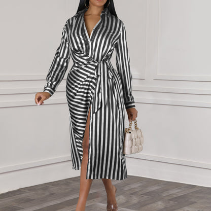 plus Size Women's Fashion Striped Lapel Loose Long Sleeve Dress