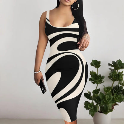 Women's Temperament Commute Casual Printed U-Neck Tight Dress