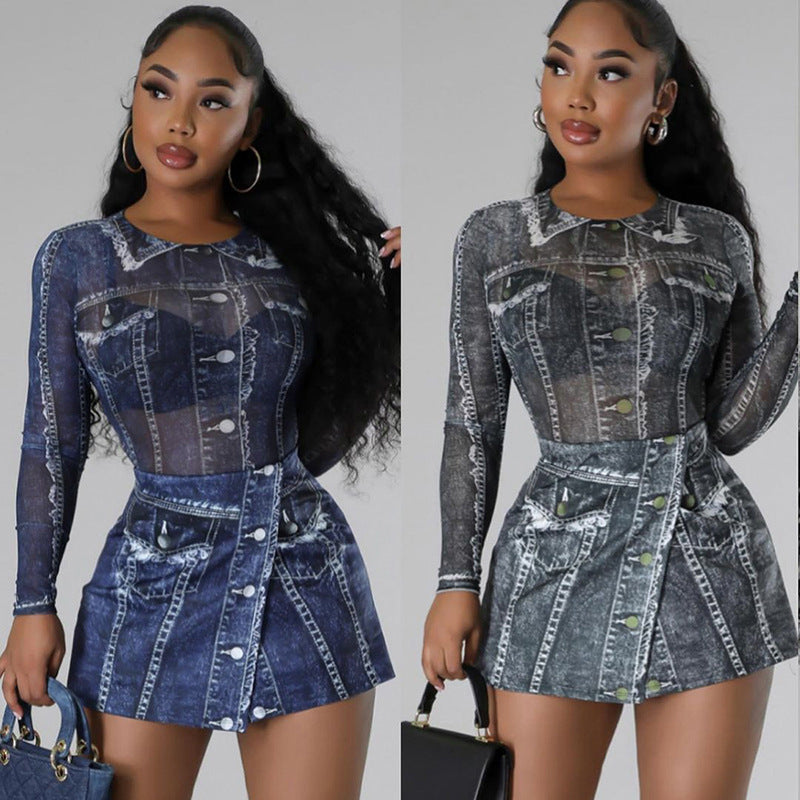 Autumn New Style Denim-like Printed Mesh Jumpsuit Skirt Two-Piece Suit