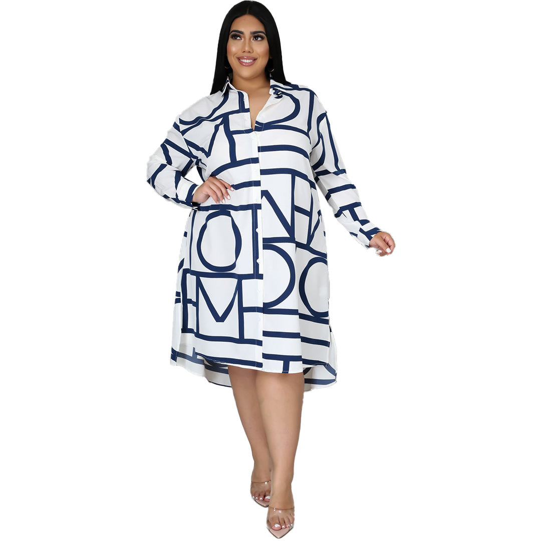 Printed Pleating Waist Shirt plus Size Dress Women