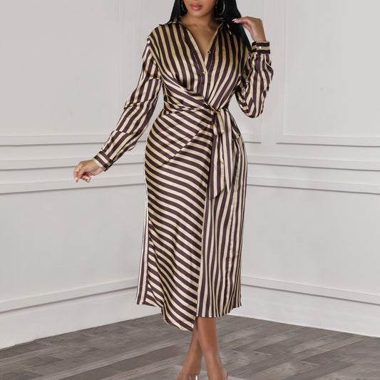 plus Size Women's Fashion Striped Lapel Loose Long Sleeve Dress