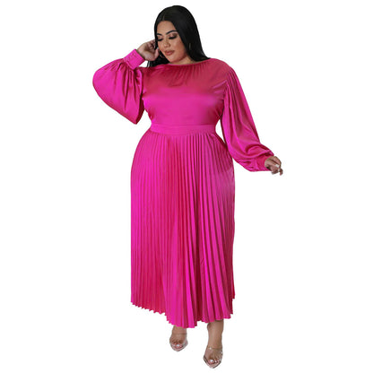 Popular Pleated round-Neck Long Dress Long Sleeve