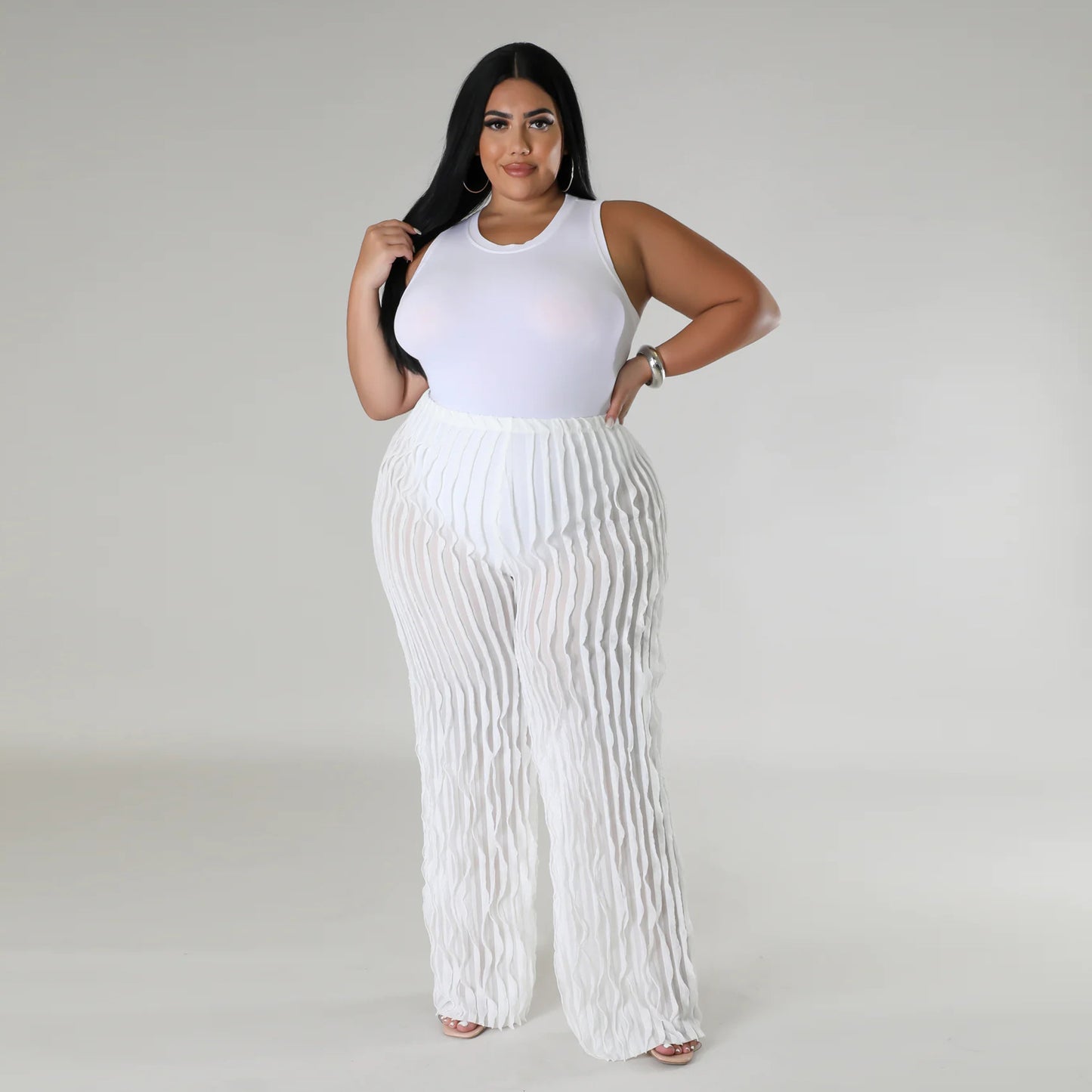 plus Size Women's Clothing New Wave Pattern Straight-Leg Trousers Semi-Transparent Sexy Pants