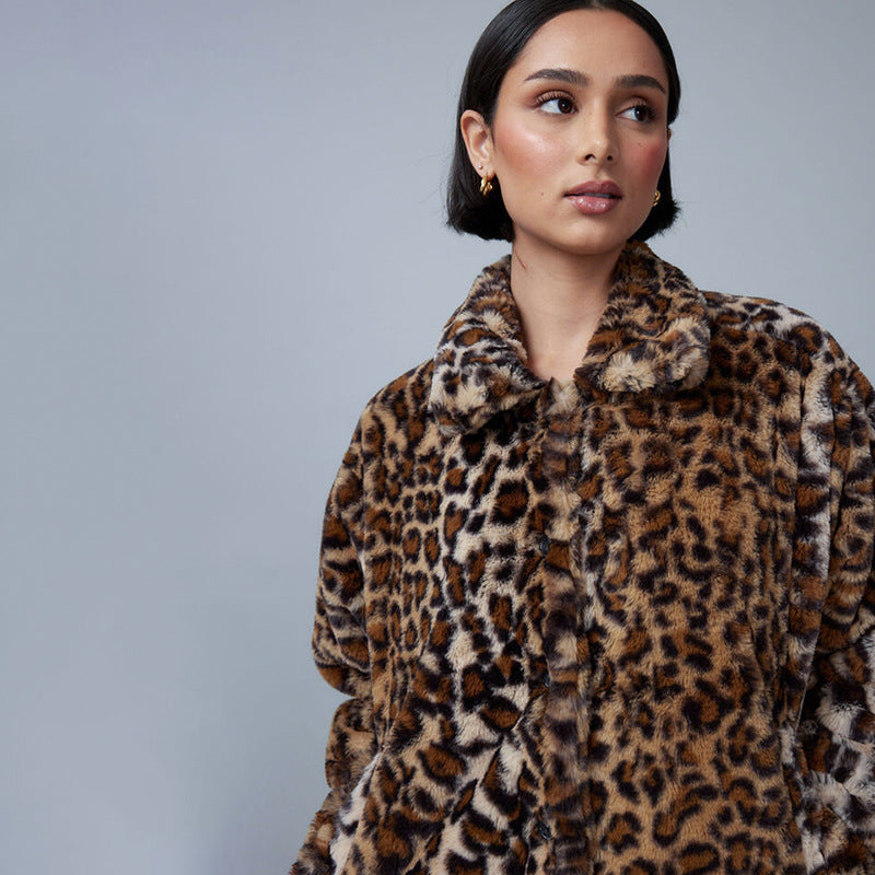 Lapel Warm-Keeping Cotton Clothing Leopard Print Coat Short Zipper Cardigan Lamb Wool Autumn and Winter