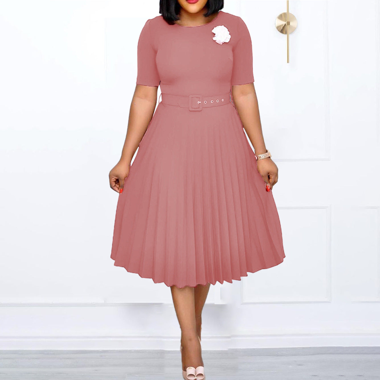 New Summer round Neck Mid-Length Pleated Skirt plus Size Dress